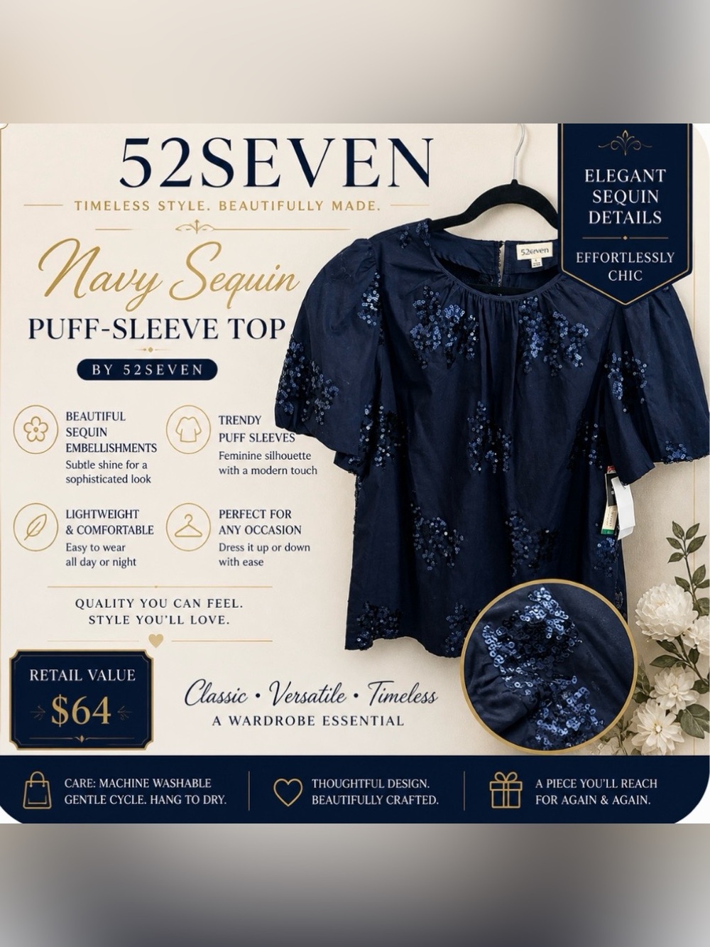 52seven Navy Sequin Puff Sleeve Top | Elegant Blouse | Size Large | NWT